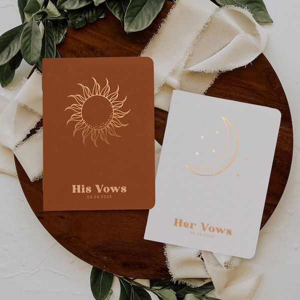 Vow books for your wedding or vow renewal, Sun and moon, Boho neutral colors, Gold silver or rose gold foil, Vow journal for him or her