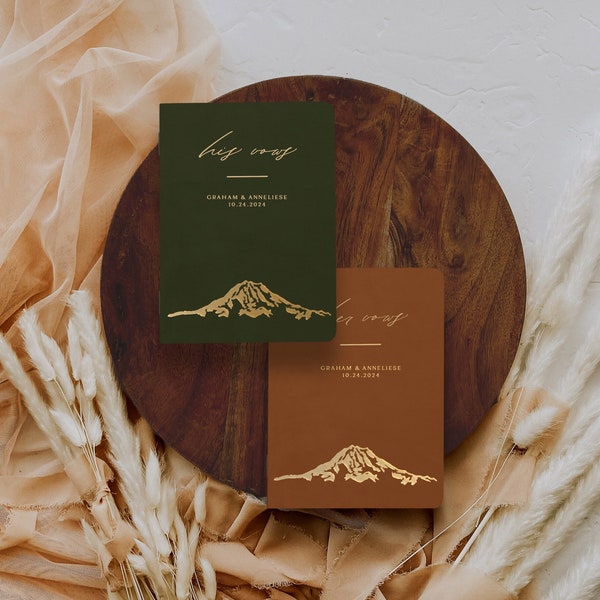Vow books, Mount Rainier Mountain wedding vow books, His and her modern vow books, Vow books his and hers with mountains, Boho vow booklet