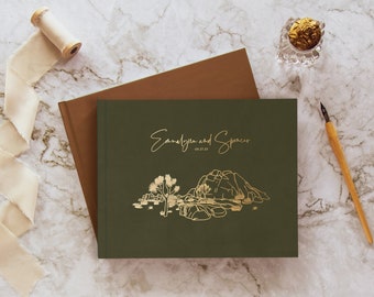 Wedding Guest Book, Boho neutral color, Custom hardcover with gold silver rose gold foil, Joshua Tree mountains guestbook for your reception