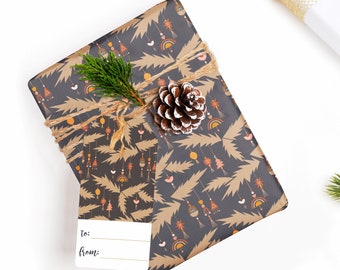 Boho Wrapping Paper, Gift wrap sheets featuring a unique Christmas tree design perfect for gift giving, Easily add matching gift tags