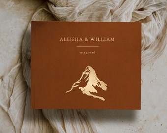 Wedding Guest Book Mountain guestbook, Matterhorn , Boho neutral colors, Custom hardcover sign in book with gold silver rose gold foil,