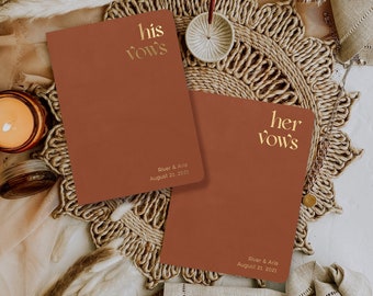 Vow books set of 2, Custom personalized wedding vow books, Boho minimalist design, Gold silver rose gold foil available, Him and her booklet