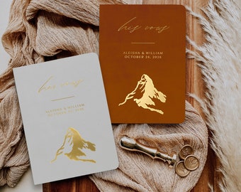 Wedding vow books set of two, Matterhorn Mountain wedding vow book, Personalized gift bride and groom Gold foil, His her booklet