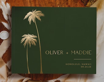Wedding Guest Book, Palm tree destination wedding Custom landscape hardcover, Gold silver rose gold foil, Hawaii reception Guestbook