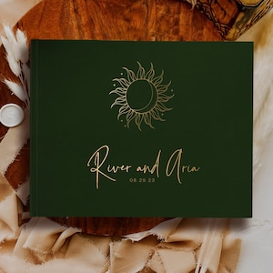 Wedding Guest Book, Boho neutral colors, Sun and Moon custom hardcover with gold silver rose gold foil, Minimalist guestbook for reception