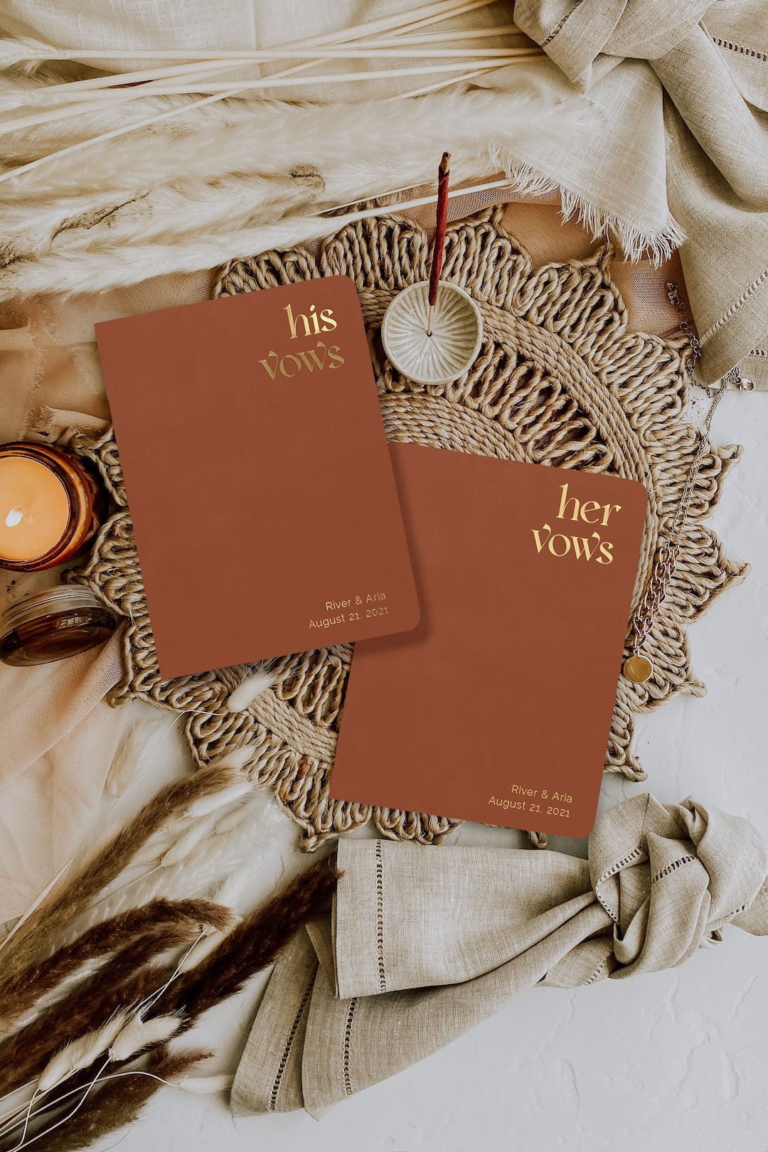 Vow books set of 2, Custom personalized wedding vow books, Boho minimalist design, Gold silver rose gold foil available, Him and her booklet