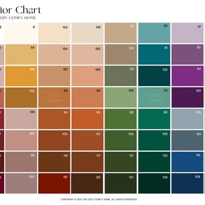 May include: A color chart with 144 different paint colors, organized in a grid. The colors range from white to black, with shades of brown, green, blue, purple, and gray. The chart is labeled "Color Chart" and "The Cozy Comfy Home".