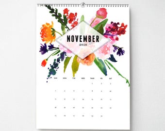 Monthly Wall Calendar, 11x14, 2018 Calendar, Watercolor Flower Gifts for Her (cal0007)