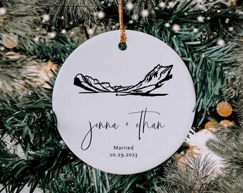 Just married mountain ornament, First Christmas engaged ornament couple Glacier National Park, Custom couple dating married holiday ornament