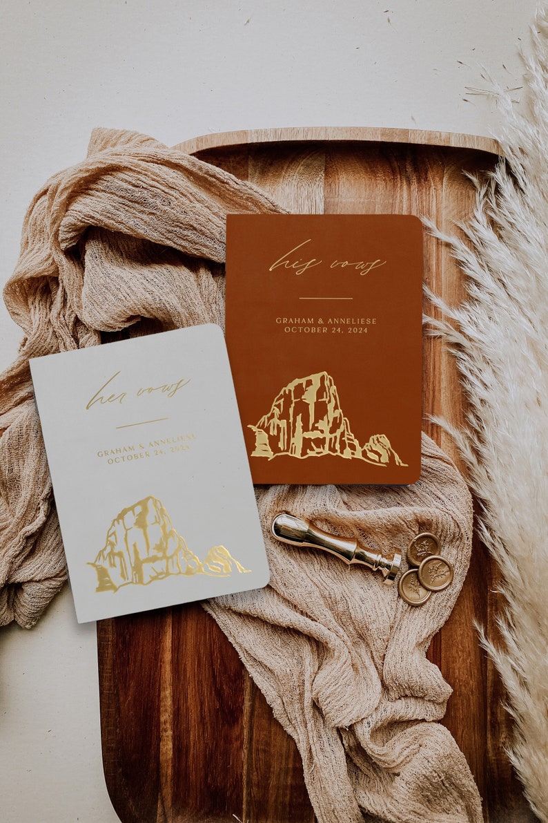 Wedding vow books set of two, Angels Landing Zion Mountain wedding vow book, Personalized gift bride and groom Gold foil, His her booklet image 1