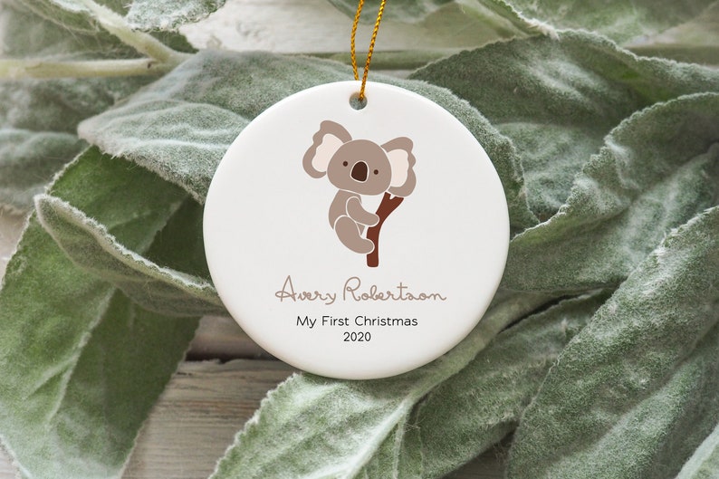 Koala bear decoration for girl or boy Custom porcelain ornament personalized with baby name and year Baby/'s first Christmas ornament