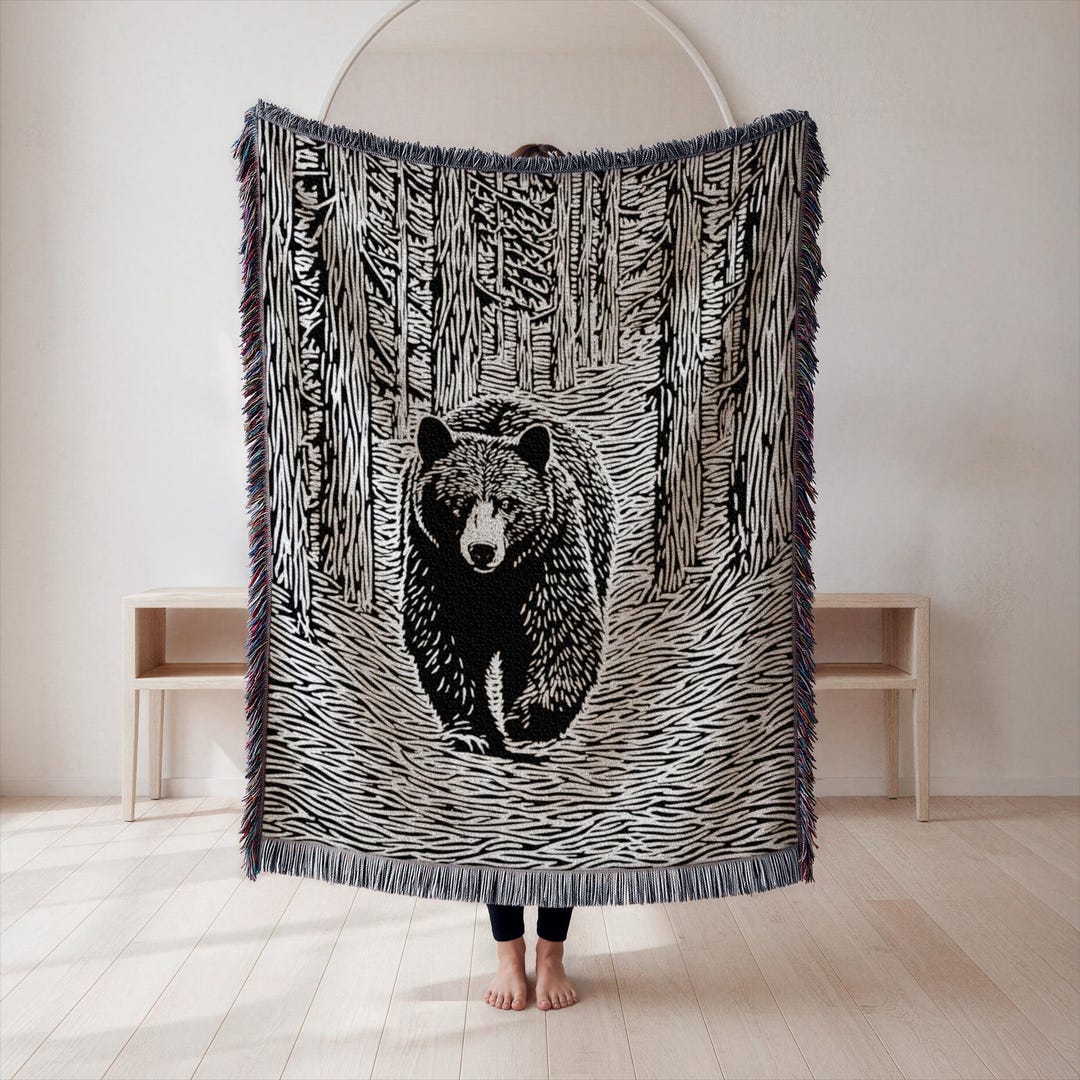 Black Bear Woven Blanket, Rustic Cabin Decor, National Park Gift ...