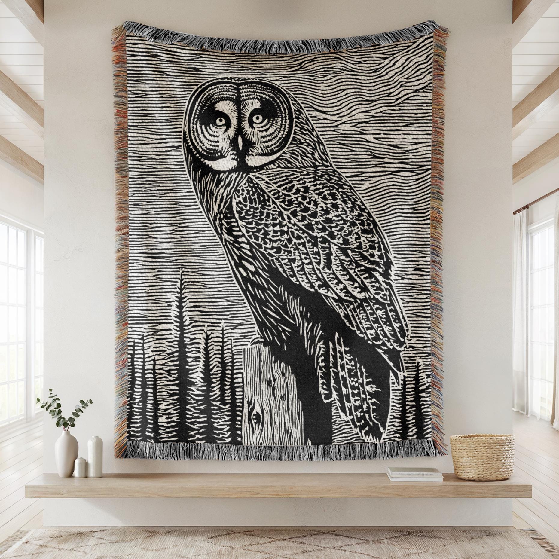 Owl Woven Blanket, Rustic Cabin Decor, Wildlife Wall Tapestry, Bird Watcher Gift, Lodge Decor, Natur