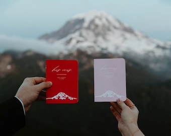 Vow books, Mount Rainier Mountain wedding vow books, His and her modern vow books, Vow books his and hers with mountains, Boho vow booklet