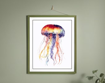 Rainbow jellyfish, watercolor cross stitch, rainbow home decor, cross stitch PDF pattern, ocean, seaside cottage, counted cross stitch