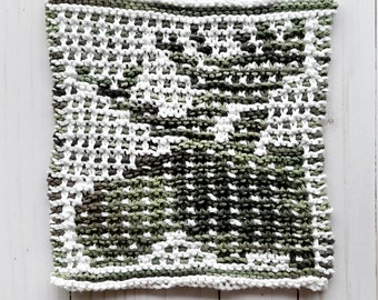 Knit moose dishcloth pattern, hunter gift knitting, knit hostess gift, knit pattern, moose blanket square pattern, rustic cabin, moose knit
