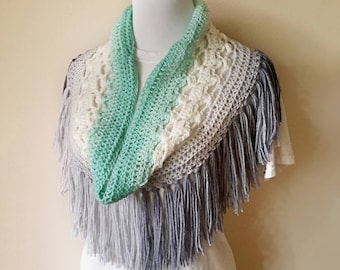 Crochet Fringe scarf Pattern, fringed cowl, crochet beginner pattern, fringe scarf pattern, infinity scarf pattern, crochet cowl, gift