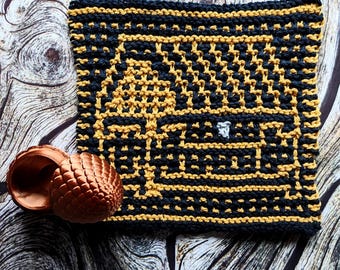 Knit mimic dishcloth pattern, nerd gift knitting, knit game night gift, knit pattern, cabin dishcloth pattern, dragon knit, ttrpg square