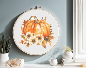 Retro autumn pumpkin, watercolor cross stitch, autumn home decor, cross stitch PDF pattern, Thanksgiving pumpkins, counted cross stitch