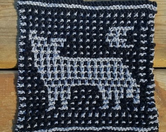 Knit wolf dishcloth pattern, nursery gift knitting, knit hostess gift, knit pattern, baby blanket square pattern, wolf knit, dog howl square