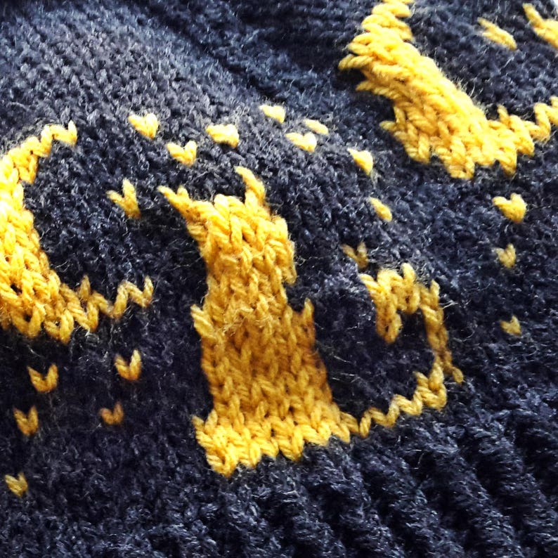 Op de afbeelding: Close-up van een gebreide stof met een patroon van gele sterren op een donkerblauwe achtergrond.