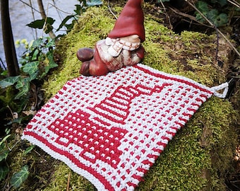 Knit gnome dishcloth pattern, hotpad pattern, knit gnome, knit hotpad, cottage core knitting pattern, gnome blanket square, mosaic knitting