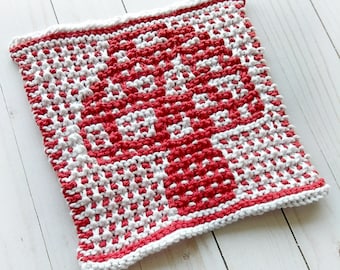 Knit mushroom dishcloth pattern, hotpad pattern, knit fungi, knit cottage core, beginner knitting, mushroom blanket square, mosaic knit