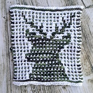 Gebreid herten vaatdoek patroon, gewei hert, jager cadeau breien, gebreide gastvrouw cadeau, brei patroon, herten deken vierkant patroon, rustieke hut