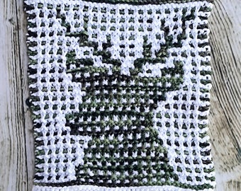 Knit deer dishcloth pattern, antler stag, hunter gift knitting, knit hostess gift, knit pattern, deer blanket square pattern, rustic cabin
