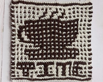 Knit tea dishcloth pattern, hotpad pattern, knit teacup, knit hotpad, beginner knitting pattern, tea blanket square, knit blanket, tea deco