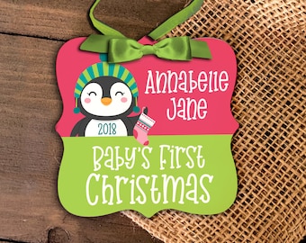 Baby's first Christmas penguin custom ornament | my first christmas name date ornament | baby penguin newborn baby Christmas gift MPO-009