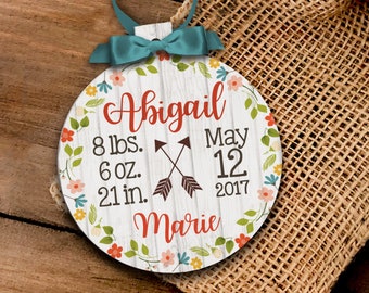 baby's first christmas baby girl ornament | Personalized birth statistics flowers arrows birth announcement Christmas ornament MPRO-001