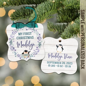 Baby&#39;s First Christmas ornament | penguin baby ornament | birth stats first ornament | birth statistics penguin Christmas ornament MPO-013