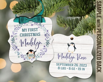 Baby's First Christmas ornament | penguin baby ornament | birth stats first ornament | birth statistics penguin Christmas ornament MPO-013