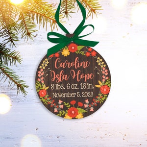 Personalized birth statistics flower wreath birth announcement Christmas ornament MPRO-002