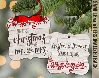 our first christmas as mr. & mrs. rustic ornament | personalized first christmas ornament | newlywed wedding ornament two -sided  MPO-014