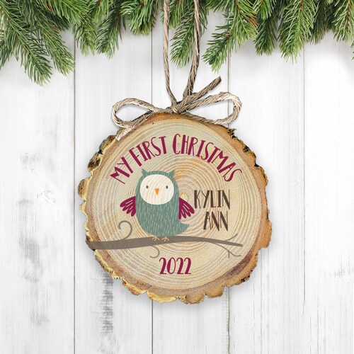 Owl Baby's 1st Christmas Rustic Wood Ornament Owl Ornament Etsy