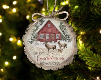 baby's first christmas our first christmas as mommy & daddy reindeer snowy christmas rustic farmhouse cut wood ornament MWO22-045W