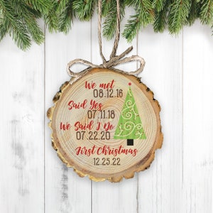 Couple&#39;s first married Christmas important dates first christmas as mr and mrs. wedding present Christmas tree wood slice ornament MWO22-011