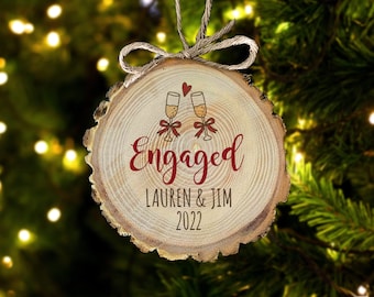 Engagement cut  wood Christmas ornament - great gift for newly engaged couple MWO22-009