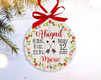 baby's first christmas baby girl ornament | Personalized birth statistics flowers arrows birth announcement Christmas ornament MPRO-001