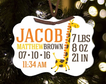 Birth announcement Christmas ornament giraffe with name and birth stats - adorable new baby welcome gift  BABOG