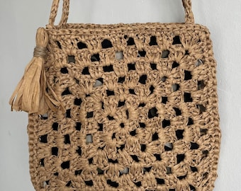 Handmade retro crochet raffia sustainable hand bag shoulder bag