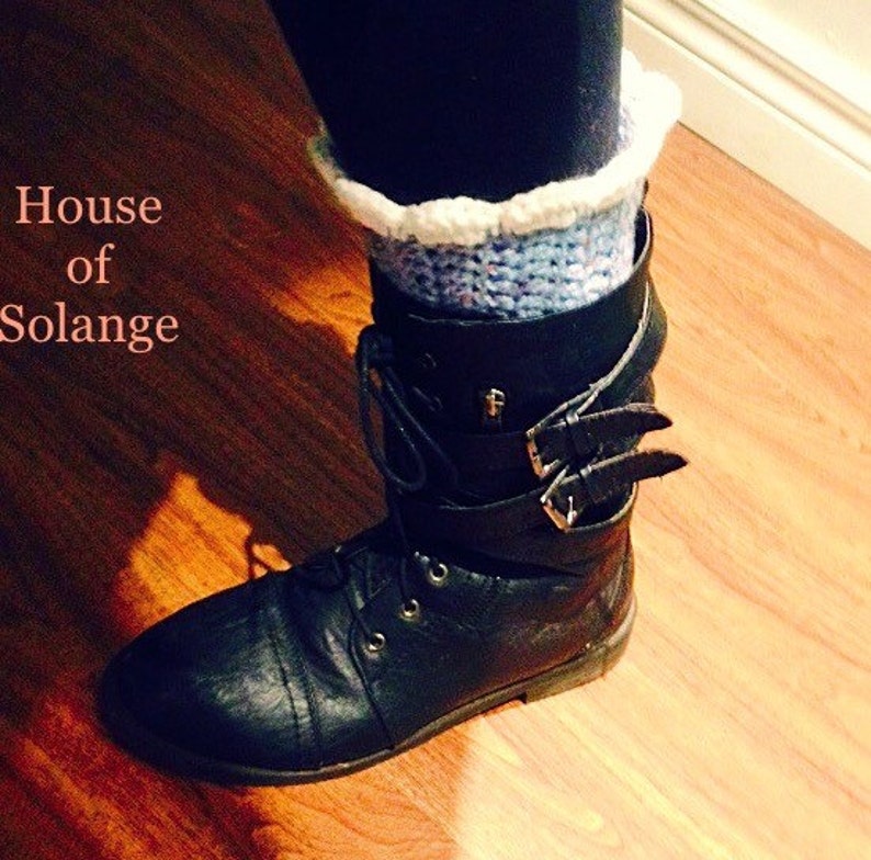 Handmade Boot Socks Crocheted Leg Warmers with White Ruffle Detailing Speckled Blue Boot Cuffs Canada