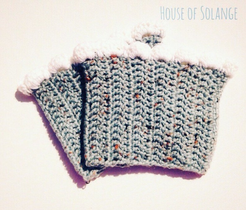 Handmade Boot Socks Crocheted Leg Warmers with White Ruffle Detailing Speckled Blue Boot Cuffs Canada