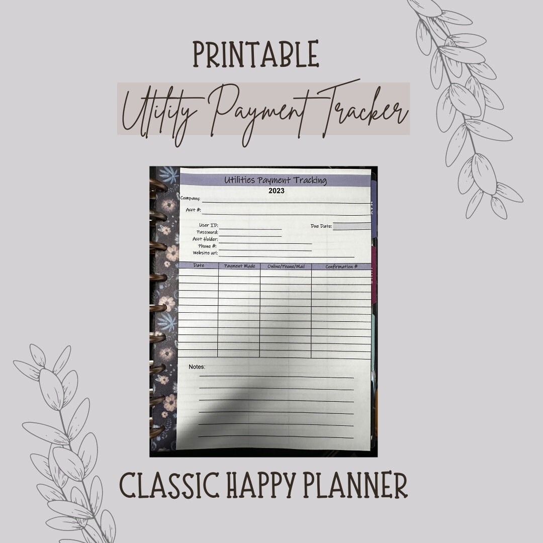 Utilities Payment Tracker PRINTABLE for Classic Happy Planner for 2020 ...