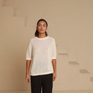lite 100% Cashmere T-SHIRT, Women's crew neck T-shirt in white color, Elegant, Unique Hand Minimal Knitted image 1