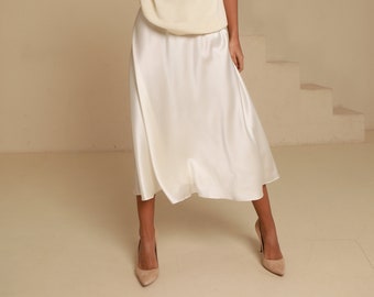 Luxurious 100% natural Silk Satin white Skirt A-line. Chic Silk Satin Skirt, Silky Smooth Skirt.Silk Satin White Skirt.