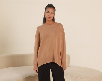 Soft 100% Cashmere crew neck sweater in Camel Color, Light, Elegant, Unique Hand  Minimal Knitted, Valentines gifts for her