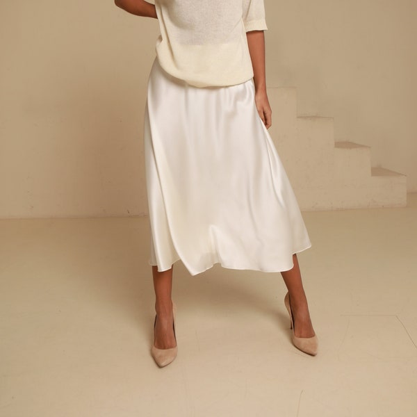 Luxurious 100% natural Silk Satin white Skirt A-line. Chic Silk Satin Skirt, Silky Smooth Skirt.Silk Satin White Skirt.